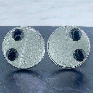 DANTE Silver Tone Etched Surface Black Stone "Onyx"  Round Bullet Back Cufflinks